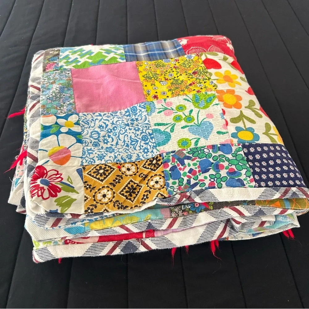 Vintage Handmade “Postage Stamp” Patchwork Quilt Multicolor Bedcover#0831256